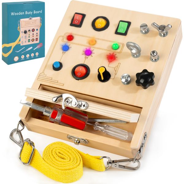 WOODMAM Wooden Montessori Busy Board with LED Light, Screwdriver Toddler Real Tools Set with Storage Box & Strap, Sensory Educational Toys for 3 4 5 Year Old Boys Girls Kids Birthday Gifts