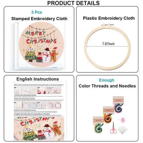 Ausugar 3 Set Embroidery kit, Easy Embroidery Kit for Beginners and Adults Full Embroidery Hoop Kit with Needles and Thread Included, Step by Step Instructions and Video (Christmas)