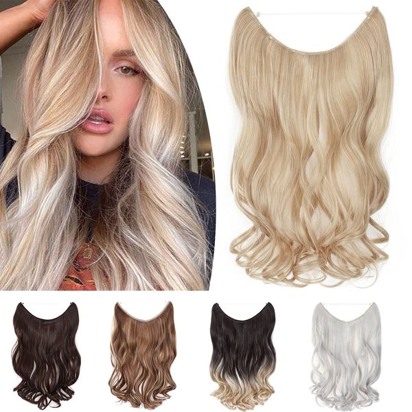 One Piece Wire In Hairpieces Matte Material Invisible Hair Extension Synthetic Wavy For Women Beauty, 20 Inch, Dark Blonde Mix Bleach Blonde