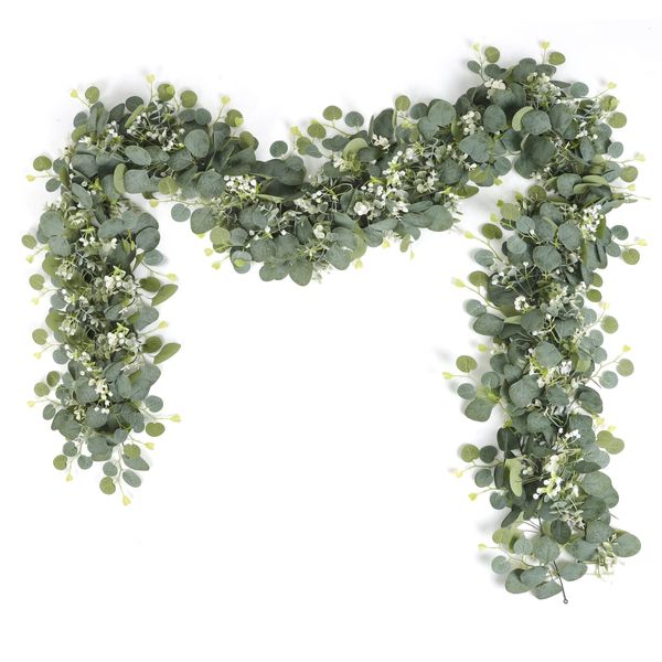 LOMOHOO 2 Pack Artificial Eucalyptus Garland Vines with White Flower,5.9ft Fake Silver Dollar Leaves Greenery Garland Table Runner,Artificial Greenery Garland for Wedding Party Home Decor