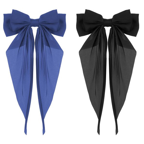 Silky Satin Hair Bows, 2 PCS Big Black Bow and Dark Blue Bow Set Bowknot Metal Spring Clip Oversized Long Tail Hair Ribbons Ponytail Holder French Barrettes Hair Accessories for Women, Christmas Gifts