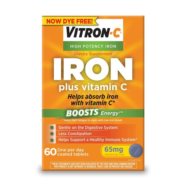 Vitron-C Iron Supplement, Once Daily, High Potency Iron Plus Vitamin C, Dye Free Tablets, 60 Count