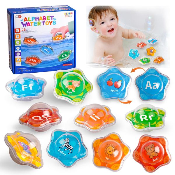 SENGKAI Alphabet Baby Bath Toys, 26 PCS Floating Bathtub Toy with Storage Bag, Preschool ABC Letters Learning Toy Educational Gift, Montessori Water Pool Toys for Toddler Kids Age 1 2 3 4