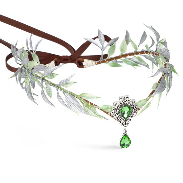 MOSTORY Handmade Green Fairy Flower Crown - Woodland Elf Circlet Forest Leaf Headpiece Elven Wreath for Women Girls Renaissance Halloween Cosplay Party Costume