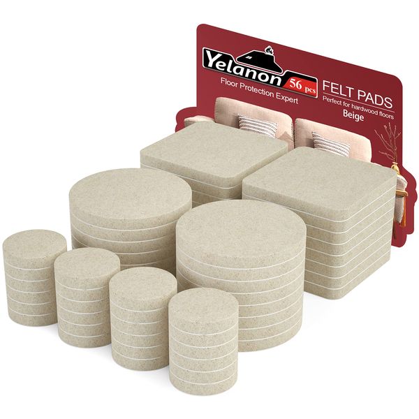 Yelanon Felt Furniture Pads 56Pcs(25+50) mm Furniture Pads Self Adhesive, Felt Chair Pads, Anti Scratch Floor Protectors for Furniture Feet Chair Legs, Furniture Felt Pads for Hardwoods Floors, Beige