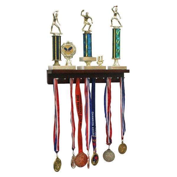 DisplayGifts Medal Hanger & Trophy Shelf Display Rack Trophy Award Shelf Wall Mount with Peg Board Walnut