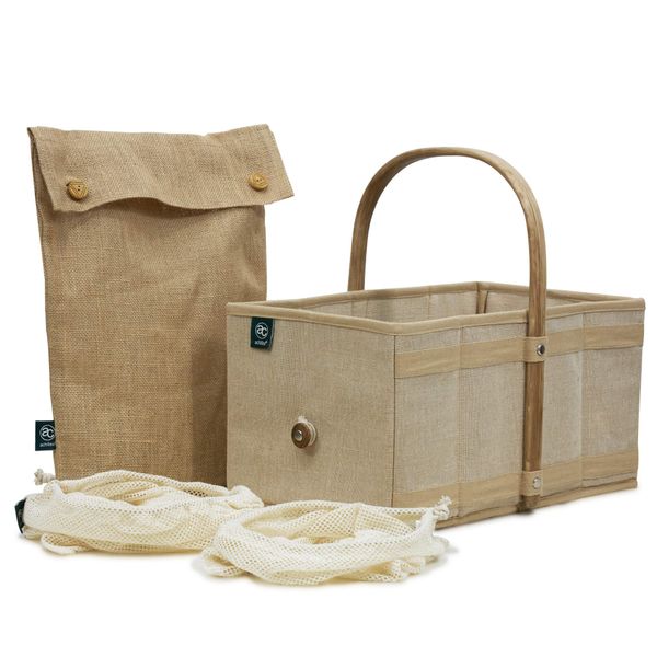 achilles Einkaufskorb aus Holz mit Obst- und Gemüsenetz, Klappbarer Korb, Picknick-Korb, Einkaufsbox, Einkaufstasche, Korb-Box, Klappbox, 40x24x20 cm (Natur, Beige)