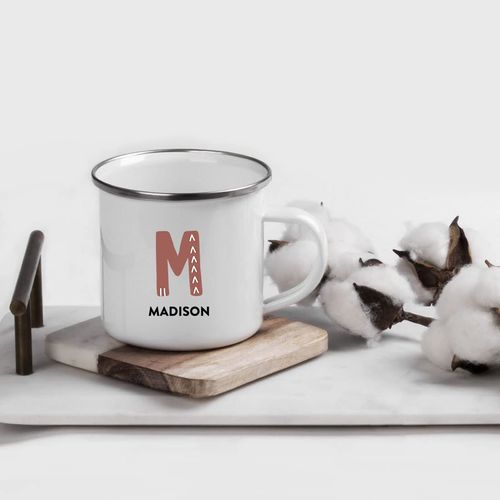 Andaz Press Personalized Monogram Initial Coffee Mug, Boho Monogram Custom Name 11oz Stainless Steel Metal Campfire Mug For Kids, Boys, Girls, Hot Chocolate, 1-Pack Initial Mugs Kids Enamel Mug