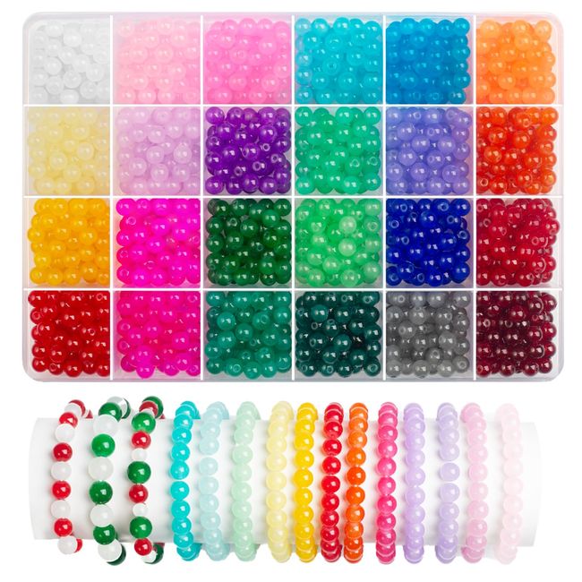 1200PCS 6mm Glass Beads for Jewelry Making Bracelets, 24 Colors Crystal Beads Round Beads Bracelet Making Kit DIY Craft for Girl Women