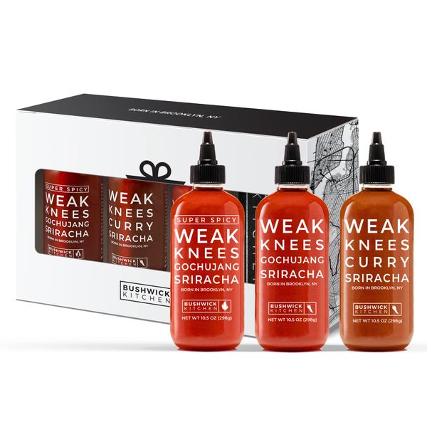 Weak Knees Sriracha Hot Sauce Gift Set, Three (3) Bottles of Medium to Hot Sriracha Sauces, Variety Pack - Gochujang, Super Spicy Gochujang & Curry Sriracha, 10.5 oz Each, in Gift Box with Tea Towel, Spicy Food Gifts for Him, Gifts for Her, Unique Gifts