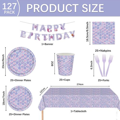 Mermaid Party Supplies, Birthday Decorations for Girls and Boys, Mermaid Tableware Set Serve 25, Includes: Paper Plates, Cups, Napkins, Forks, Tablecloth, and Happy Birthday Banner Beach Theme