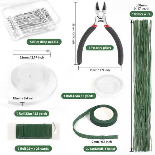 NESCCI Floral Arrangement Kit with Green Floral Tape and Wire,26 Gauge Floral Stem Wire,22 Gauge Floral Wire,Boutonniere Pin for Bouquet Stem Wrap Florist.