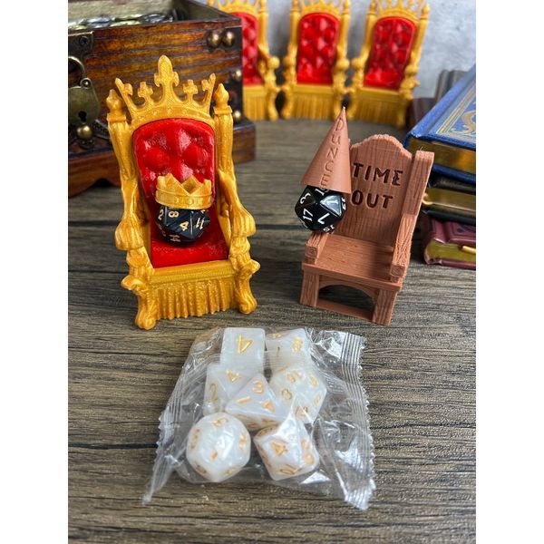 MunnyGrubbers - Dice Jail Cage - Time Out Chair & Dunce Hat - Chair of Shame - Crit Crown & Lucky Throne - (Random 7PC D20 Dice Set Included) - Gift for Dungeons and Dragons - DND - D&D - (Combo A)