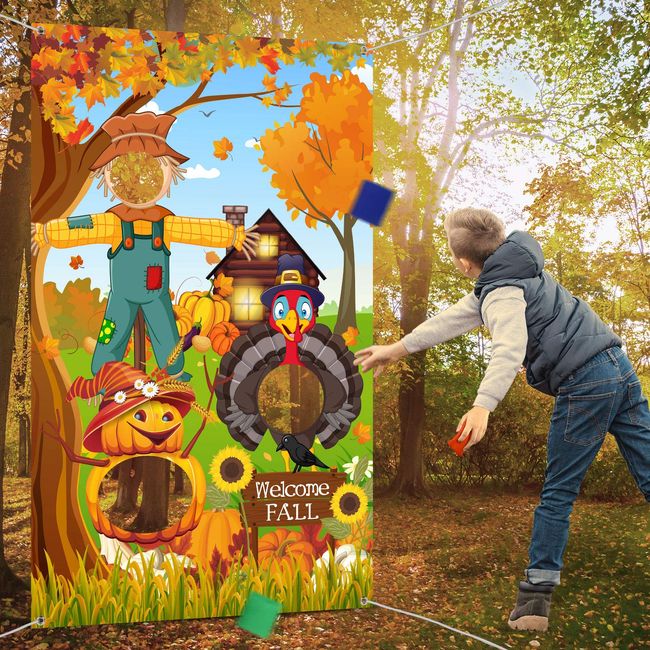 Thanksgiving Party Decorations, Thanksgiving Toss Game Turkey Pumpkins Sunflower Scarecrow Harvest Maple Leaves Background Autumn Forest Backdrop Natural Scenery Landscape Photo Background (Classic)