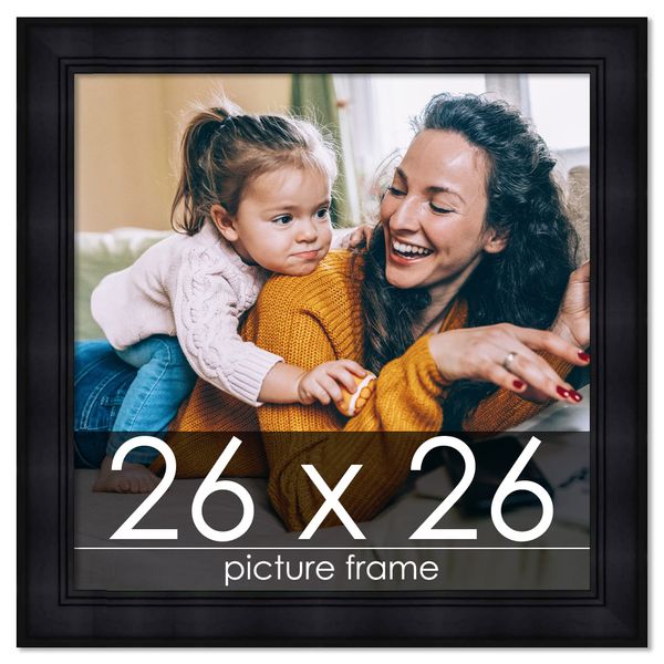 26x26 Frame Black Contemporary Wood Picture Square Frame - Picture Frame Includes UV Resistant Acrylic Protective Front, Acid-Free Foam Board Backing, & Hanging Hardware