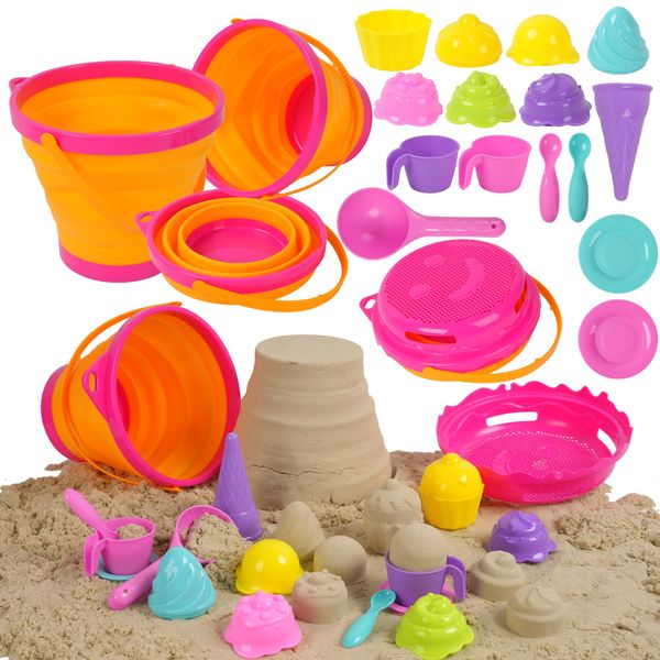 Oun Nana Beach Toys Ice Cream Sand Toys Starter Set, Sandbox Toys with Collapsible Beach Bucket, Sand Sifter, Sand Castle Molds and Beach Shovel, Travel Beach Sand Toys for Kids Toddlers Boys Girls