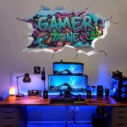 TOARTi Gamer Zone 3D Wall Stickers for Gamer Bedroom Accessories,Gaming Vinyl Wall Decal,Video Game Removable Wall Art Playstation Decor for Teens (Blue)