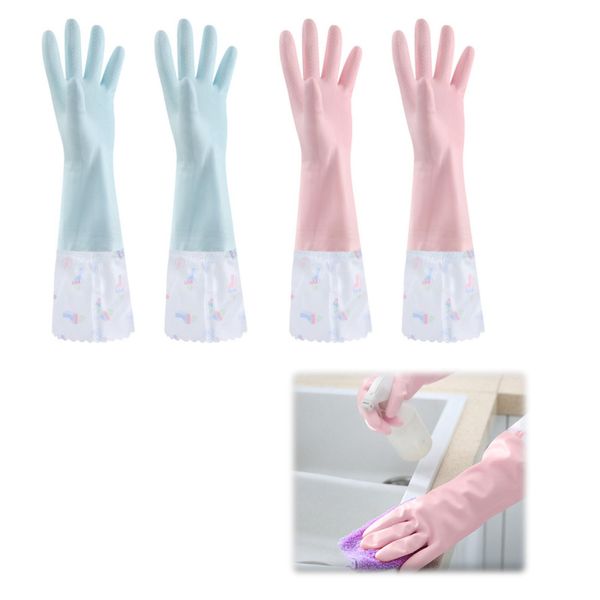 ZHEJIA Rubber Gloves, Kitchen Gloves (Set of 2), Waterproof Gloves, Long Gloves, Non-Slip, Lined, Stylish, Cute, Pattern, Thick, Waterproof, Cold Protection, Long Sleeve, Cooking, Work, Kitchen,