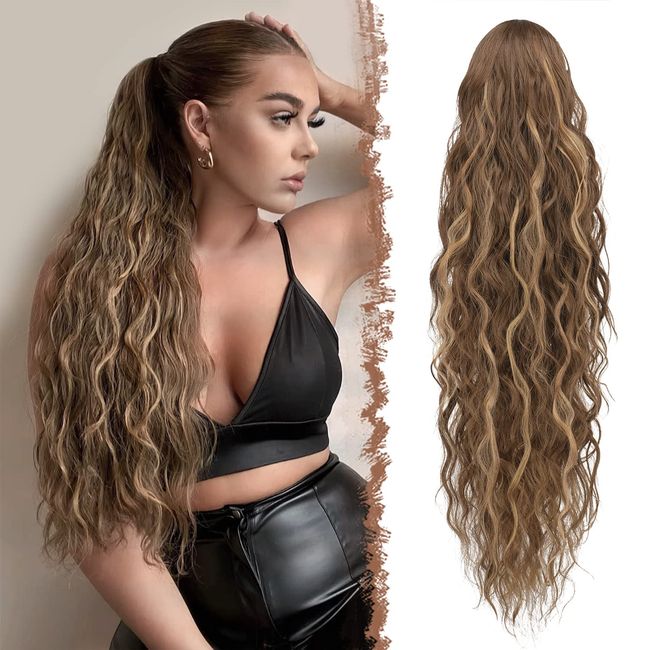 FESHFEN Lange Zopf Pferdeschwanz Haarextension mit kordelzug Lockig Honigblond gemischt Hellbraun Synthetik Haarverlängerung Natürliches Clip in Ponytail Kunsthaar Haarzopf für Damen 65cm