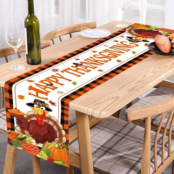 Thanksgiving decorations, Happy Thanksgiving table runner, autumn Thanksgiving tablecloth decoration, autumn pumpkin maple leaf turkey themed table set party supplies (HAPPY THANKSGIVING table runner)