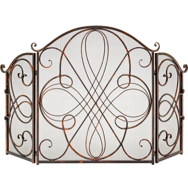 Copper Finish Fireplace Screen 3 Panel Mesh Folding Wrought Iron Arch Scrollwork