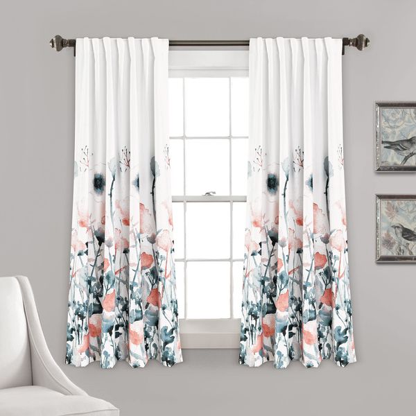 Lush Decor Zuri Flora Room Darkening Window Curtain Panel Pair, 63" Long x 52" Wide, Blue & Coral