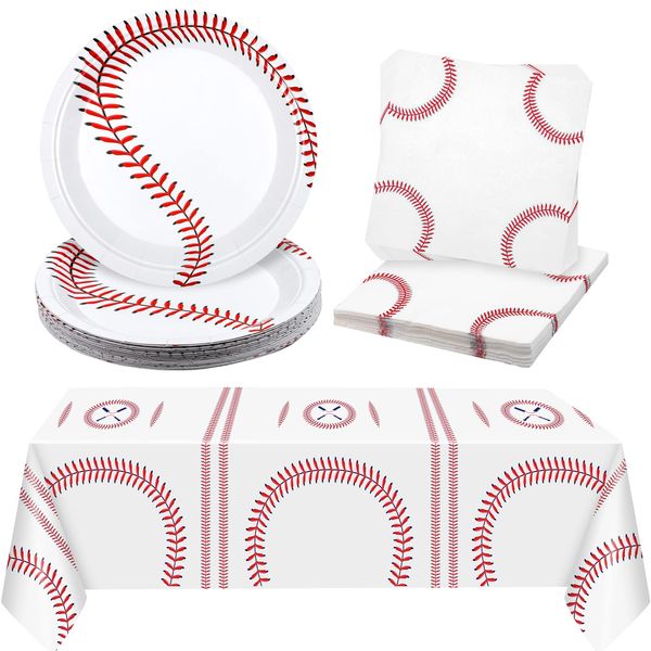 durony 41 Pack Baseball Party Decorations 108 x 54 Inch Plastic Baseball Tablecloth Paper Plates Napkins Disposable for Sports Theme Baseball Party Supplies Serve 20 Guests