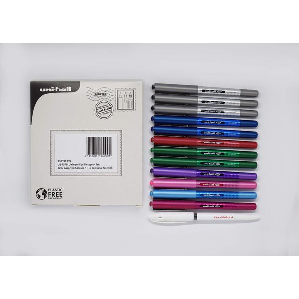 uni-ball UB-157D Eye Designer Rollerball Pens. Box of 3 x Black, 2 x Blue, 2 x Green, 1 x Red, 1 x Light Blue, 1 x Violet, 1 x Wine, 1 x Pink + 1 x Exclusive Signo Gel Pen for Super Smooth Handwriting