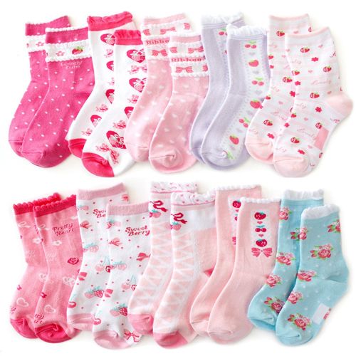 Socks, Kids, Girls, Hearts, Ribbons, Cherry Blossoms, Cute Cute Cute Crew Length 10 Pair Set, Red, White, Pink, Size 5.9 - 7.9 inches (15 - 19 cm), 7.9 - 9.4 inches (20 - 24 cm), Red, Pink, White,