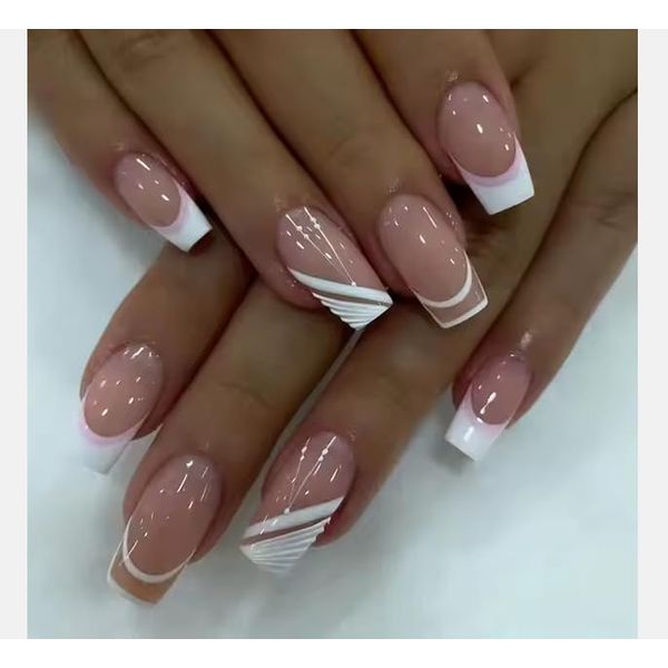 Mid-Length Square Nude French Press-On Nails with White Edges, Set of 24