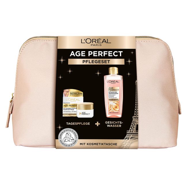 L'Oréal Paris Geschenkset mit Kosmetiktasche, Gesichtswasser (200ml) und Tagespflege (50ml), Anti-Aging Gesichtspflege für reife Haut mit Kollagen-AS-Fragmenten, Age Perfect