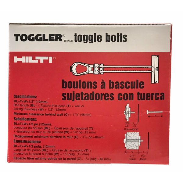 HILTI 3/16”x2 1/2” Hollow & Drywall Steel Anchor/Toggle Bolts 00230483 Box 50 Pc