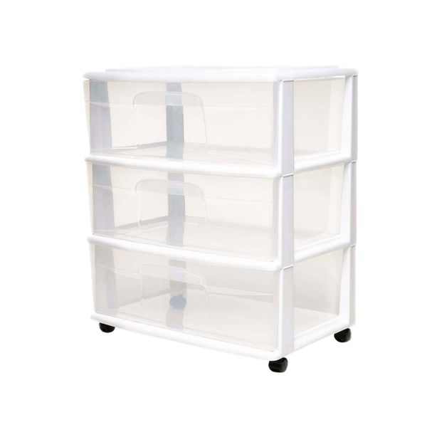 HOMZ 3-Drawer Cart Organizer with Removeable Wheels, Medium, White & Clear