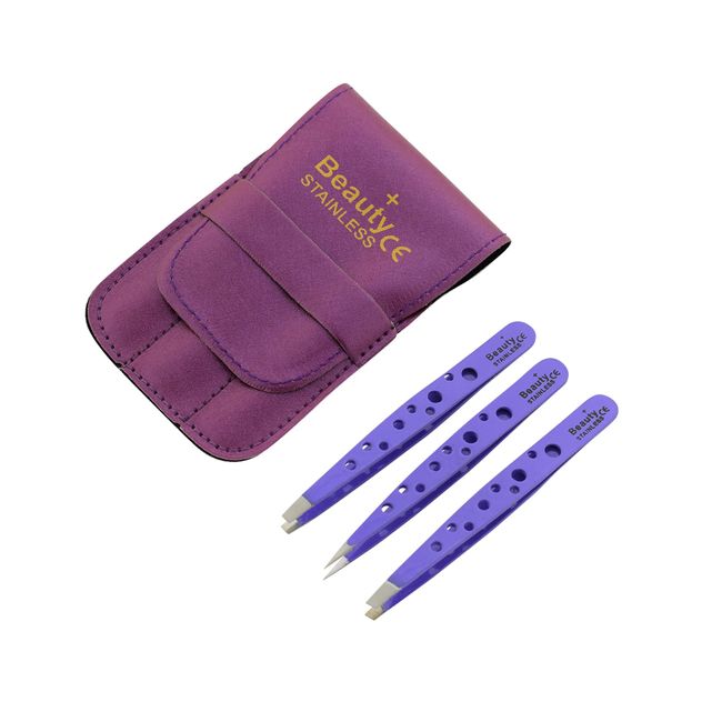 Beauty+ Precision Tweezers Set – Pack of 3 Professional Tweezers with Carry Pouch, Stainless Steel Tweezer Set with Light Weight Handle, Splinter Hair and Facial Hair Remover Set (Purple)