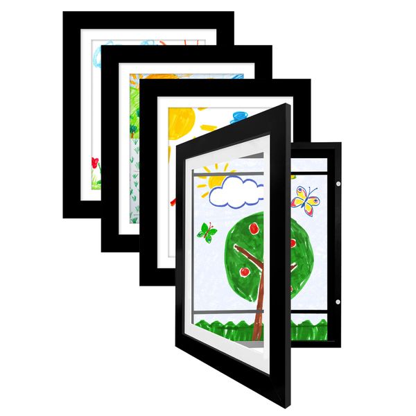 Americanflat Front Loading Kids Art Frame in Black - 8.5x11 Frame with Mat and 10x12.5 Without Mat - Kids Artwork Frames Changeable Display - Frames for Kids Artwork Holds 100 Pieces - Set of 4