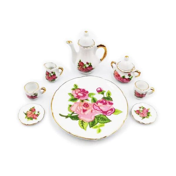 Dollhouse Tea Cup Sets 1:6 Scale Miniature Porcelain Dollhouse Accessories 8PCS Flower Pattern Teapot Platter Dish Sets Dollhouse Kitchen Supplies Decoration (Rose)