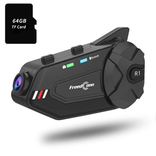 FreedConn Motorcycle Bluetooth Headset with Camera R1plus Recorder Motorcycle Helmet Bluetooth WiFi 1080P 1000M 6 Riders Group Intercom Helmet Communication System(Comes with 64G TF Card)