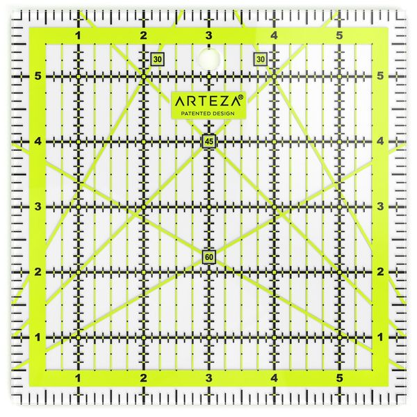 Arteza Quilting Ruler, Laser Cut Acrylic Quilters' Ruler with Patented Double Coloured Grid Lines for Easy Precision Cutting, 6" Wide x 6" Long for Quilting, Sewing & Crafts, Black & Lime Green