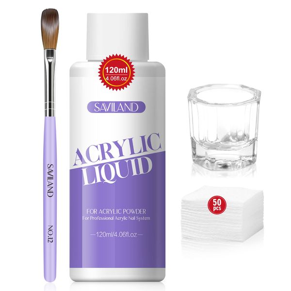 Saviland Acrylic Liquid Set: 120ml EMA Monomer for Acrylic Nails【Super Adhesive】Acrylic Nail Brush Dappen Dish Cleaning Pads for Acrylic Powder Acrylic Gel Nail Brush Cleaner Nail Art Manicure Gift