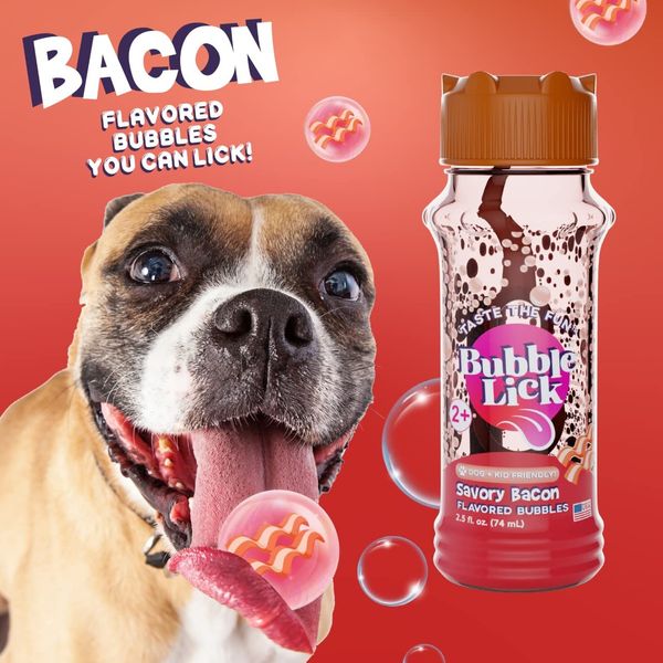 BubbleLick Maple Bacon (2.5 Fl Oz, Pack of 2), Natural Flavor, Edible Bubbles for Dogs & Kids - Premium Natural Flavored Bubble Solution, Great for Bubble Machine, Toys, and Refillable Bubble Solution