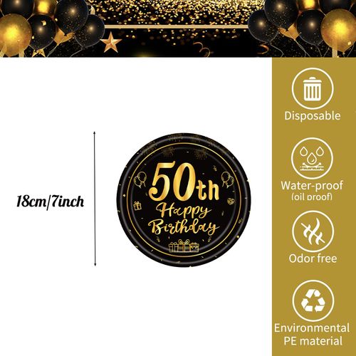 POPOYU 16pcs Black and Gold Paper Plates 50th, Happy Birthday Disposable Tableware Paper Plates 7 Inch,Happy 50th Birthday Decorations Plates for Men,Women,Him,Her 50th Birthday Gifts Party Supplies