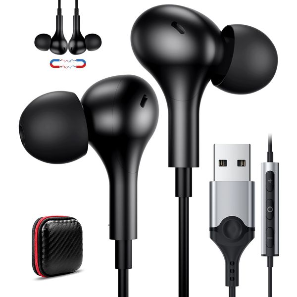 ACAGET USB Earphones with Microphone for PC, Wired USB Headset, Lightweight USB Computer Earphones, Magnetic in-Ear Headphone Noise Cancelling for Laptop Dell Lenovo Surface Calling, Business Office