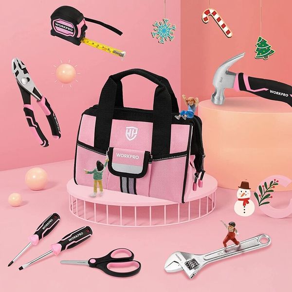 WORKPRO 9-Piece Kids Real Hand Tool Set, Pink Junior Tool Kit with Storage Bag