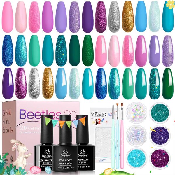 beetles Gel Polish Nail Set 20 Colors Glitter Gel Polish Pink Green Blue Gel Nail Polish Soak Off UV Led 3Pcs Base Matte and Glossy Top Coat Manicure Brushes 6Pcs Glitter Stickers