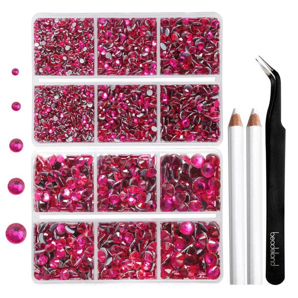 6736pcs Hotfix Rhinestones Flatback,Hot Pink Rhinestones for Crafts Clothes Mixed 5 Sizes, Hotfix Crystals with Tweezers and Wax Pencil Kit, SS6-SS30, Hot Pink