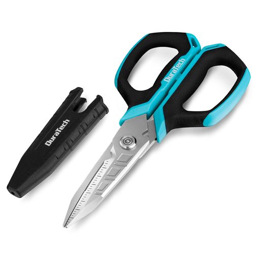 DURATECH 6.5-Inch Compact Electrician Scissors, 4-in-1 Multipurpose Scissors with TPR Comfort Grip, Serrated Blades for Cutting Copper Wire, Carpet, Leather, and Fabric