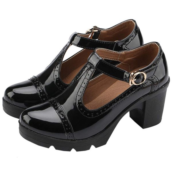 DADAWEN Women's Classic T-Strap Platform Mid-Heel Square Toe Oxfords Dress Shoes Black US Size 10