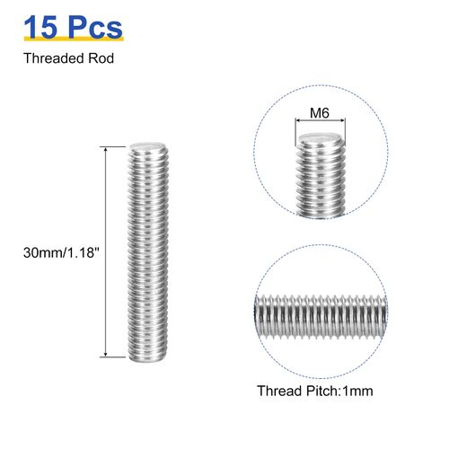 uxcell 15Pcs M6 x 30mm Fully Threaded Rod 304 Stainless Steel Right Hand Threads Bar Studs for Anchors Bolts, Clamps, Hangers and U-Bolts, 1 Thread Pitch