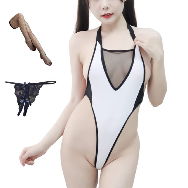 OLYOLY [3-Piece Set] Wet Sheer Super High Leg Leotard, Extreme Sister Cosplay Underwear, Brazilian Anicos, Sexy Lingerie, Swimsuit, Squeak, White, Knee-High, Perforated, T-Back Included (04)
