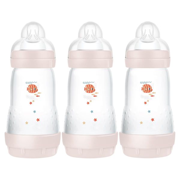 MAM Easy Start Self Sterilising Anti-Colic Bottle Pack of 3 (3 x 260 ml), MAM Baby Bottles with Medium Flow Teats Size 2, Newborn Essentials, Seashell (Designs May Vary)